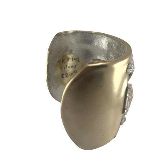 Ted Rossi NYC Gold Silver Leather Designer Rare Y2K Crystal Cuff Bracelet 2" Wid - Picture 3 of 10